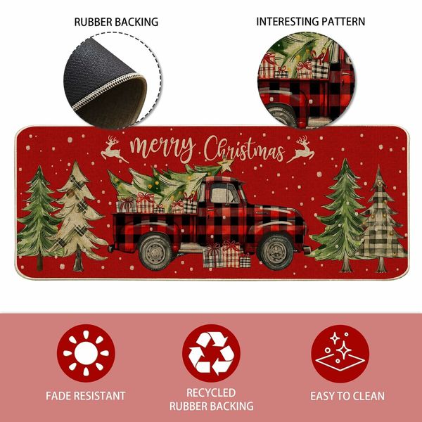 Christmas Kitchen Mats for Floor - Farmhouse Truck Buffalo Plaid Christmas Kitchen Decor - Red Christmas Kitchen Rugs Set of 2