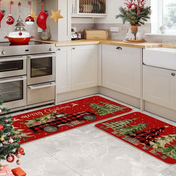 Christmas Kitchen Mats for Floor - Farmhouse Truck Buffalo Plaid Christmas Kitchen Decor - Red Christmas Kitchen Rugs Set of 2