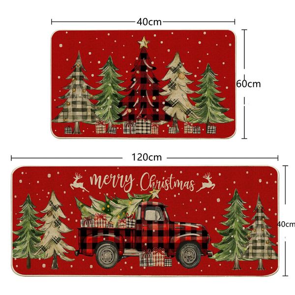 Christmas Kitchen Mats for Floor - Farmhouse Truck Buffalo Plaid Christmas Kitchen Decor - Red Christmas Kitchen Rugs Set of 2