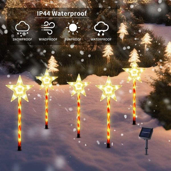 Solar Christmas Pathway Star Lights Outdoor Decorations, Xmas Tree Lights Waterproof LED Garden 5-Pack