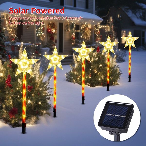 Solar Christmas Pathway Star Lights Outdoor Decorations, Xmas Tree Lights Waterproof LED Garden 5-Pack