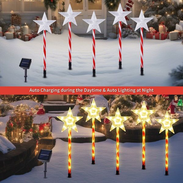 Solar Christmas Pathway Star Lights Outdoor Decorations, Xmas Tree Lights Waterproof LED Garden 5-Pack