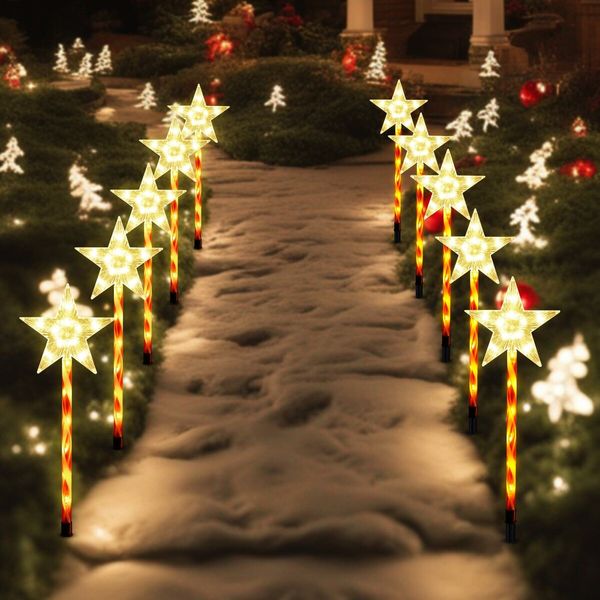 Solar Christmas Pathway Star Lights Outdoor Decorations, Xmas Tree Lights Waterproof LED Garden 5-Pack