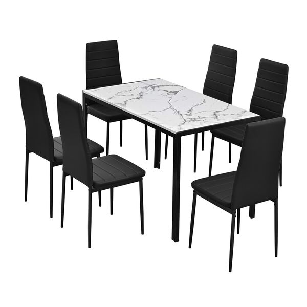 Dining Table Set 6 Chairs Large Glossy Dinner Kitchen Desk Seats White Modern Office Bedroom Work Reception Furniture Faux Marble Top