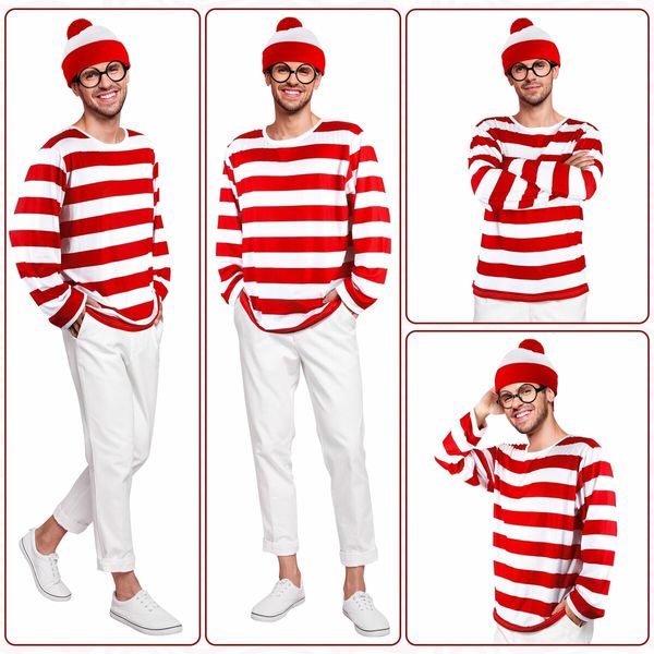 Cosplay Costumes,Red and White Striped Shirt,Christmas Halloween Shirt with Glasses Frame and Hat (Size:Large)