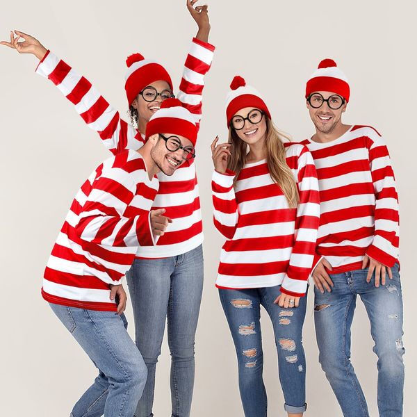 Cosplay Costumes,Red and White Striped Shirt,Christmas Halloween Shirt with Glasses Frame and Hat (Size:Large)