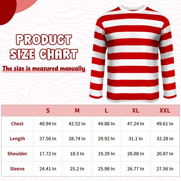 Cosplay Costumes,Red and White Striped Shirt,Christmas Halloween Shirt with Glasses Frame and Hat (Size:Small)