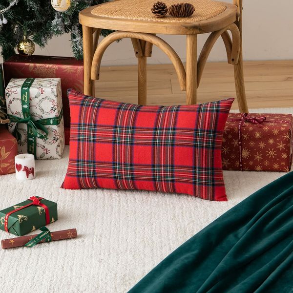 Christmas Plaid Decorative Throw Pillow Covers Scottish Tartan Cushion Case for Farmhouse Home Holiday Decor Red and Green,2Pack,60x60cm