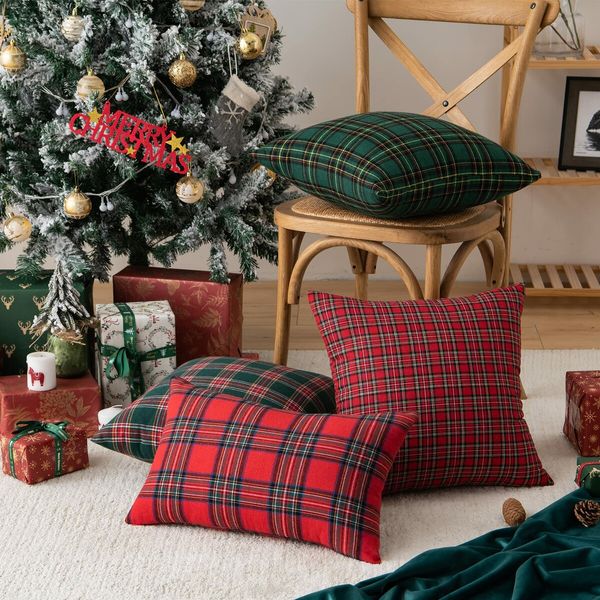 Christmas Plaid Decorative Throw Pillow Covers Scottish Tartan Cushion Case for Farmhouse Home Holiday Decor Red and Green,2Pack,60x60cm