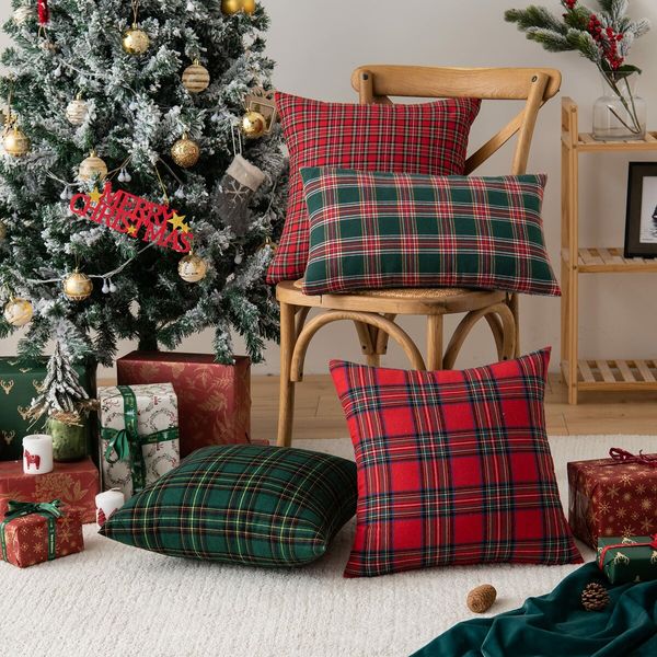 Christmas Plaid Decorative Throw Pillow Covers Scottish Tartan Cushion Case for Farmhouse Home Holiday Decor Red and Green,2Pack,50x50cm