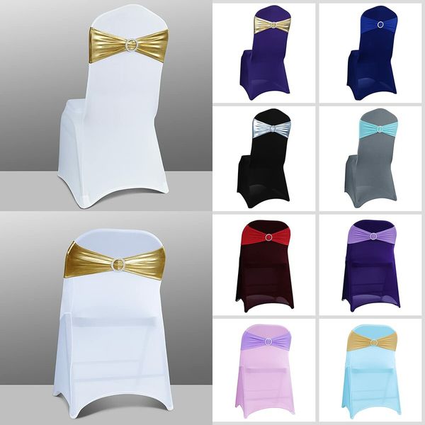 Spandex Chair Sashes Bows 50PCS Premium Stretch Chair Cover Band with Buckle Slider Universal Elastic Chair Ties (Metallic Gold)