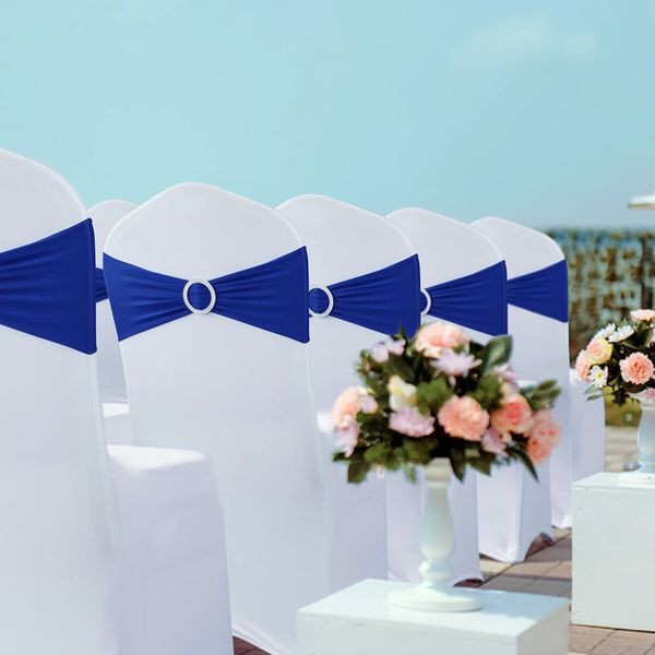 Spandex Chair Sashes Bows 50PCS Premium Stretch Chair Cover Band with Buckle Slider Universal Elastic Chair Ties (Blue)