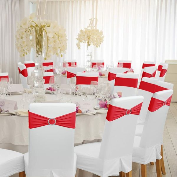 Spandex Chair Sashes Bows 50PCS Premium Stretch Chair Cover Band with Buckle Slider Universal Elastic Chair Ties (Red)