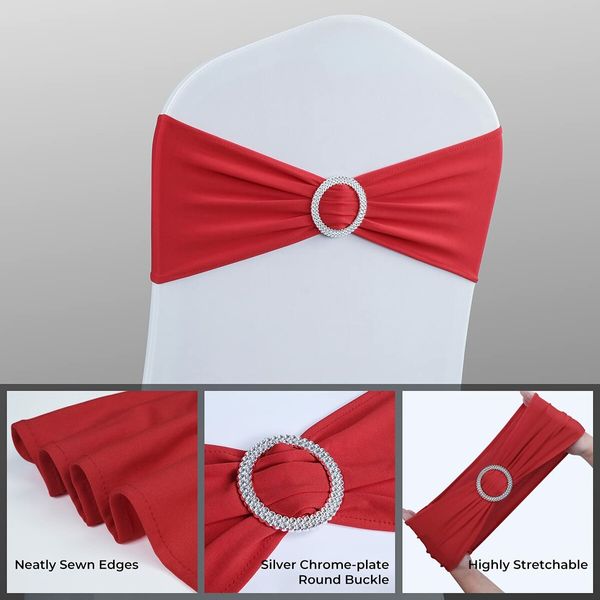 Spandex Chair Sashes Bows 50PCS Premium Stretch Chair Cover Band with Buckle Slider Universal Elastic Chair Ties (Red)