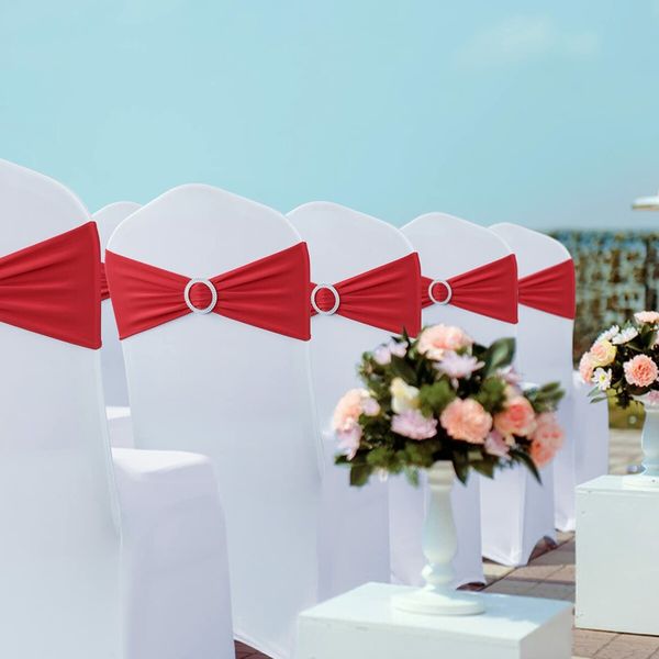 Spandex Chair Sashes Bows 50PCS Premium Stretch Chair Cover Band with Buckle Slider Universal Elastic Chair Ties (Red)