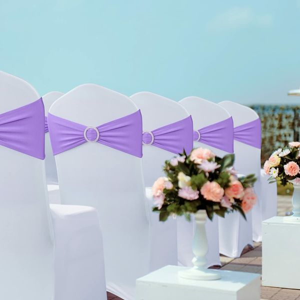 Spandex Chair Sashes Bows 50PCS Premium Stretch Chair Cover Band with Buckle Slider Universal Elastic Chair Ties (Purple)