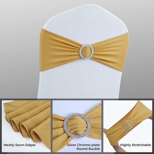 Spandex Chair Sashes Bows 50PCS Premium Stretch Chair Cover Band with Buckle Slider Universal Elastic Chair Ties (Gold)