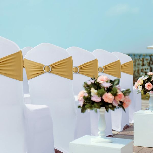 Spandex Chair Sashes Bows 50PCS Premium Stretch Chair Cover Band with Buckle Slider Universal Elastic Chair Ties (Gold)