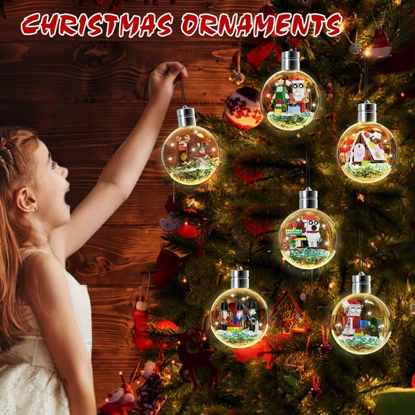 Christmas Ornaments Building Kit with LED Light, Xmas Tree Decorations Contains Santa Claus Gingerbread House Snowman Elk