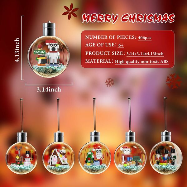 Christmas Ornaments Building Kit with LED Light, Xmas Tree Decorations Contains Santa Claus Gingerbread House Snowman Elk