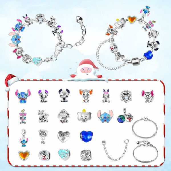 Advent Calendar for Girls, 24 Days Christmas Countdown Calendar with 2 Bracelets and 22Pcs Unique Cartoon Charm Beads