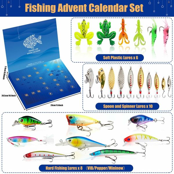 Fishing Advent Calender,Fishing Lure Advent Calendarfor Freshwater Saltwater Soft Lures Spoons Minnow Popper Crankbait Gifts