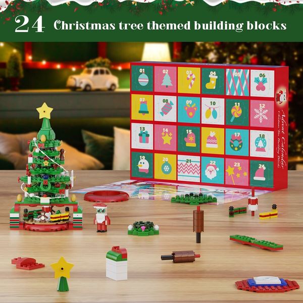 Advent Calendar Christmas Tree Building Set with LED light,24 Days Xmas Countdown Calendar Building Blocks