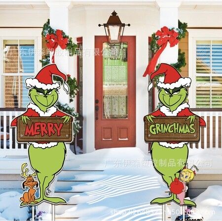 2pcs Grinch Christmas Yard Decorations with Stakes Waterproof Outdoor Christmas Party Decor Holiday    2D Printed Flat Stakes