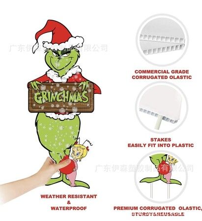 2pcs Grinch Christmas Yard Decorations with Stakes Waterproof Outdoor Christmas Party Decor Holiday    2D Printed Flat Stakes