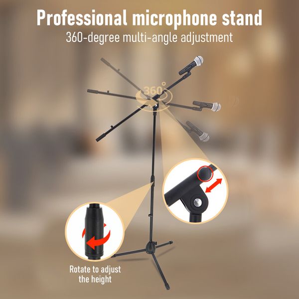 Microphone Stand Telescopic Boom Mic Arm Holder Mount Foldable Lightweight Adjustable Rotatable 85cm to 138cm with Tripod Base Black