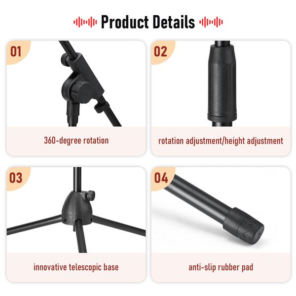 Microphone Stand Telescopic Boom Mic Arm Holder Mount Foldable Lightweight Adjustable Rotatable 85cm to 138cm with Tripod Base Black