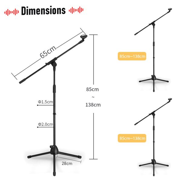 Microphone Stand Telescopic Boom Mic Arm Holder Mount Foldable Lightweight Adjustable Rotatable 85cm to 138cm with Tripod Base Black