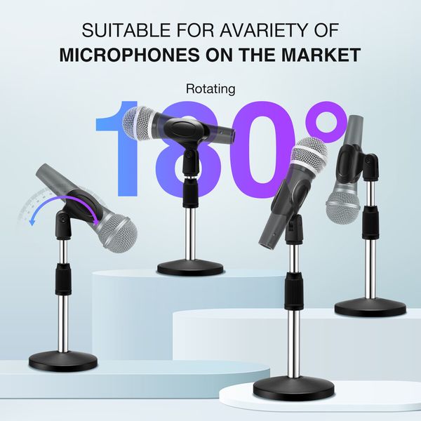 Desktop Mic Stand Table Top Microphone Holder Adjustable Short Disc Mount Detachable Heavy Duty Metal 26.9cm to 37cm with Non Slip Clip