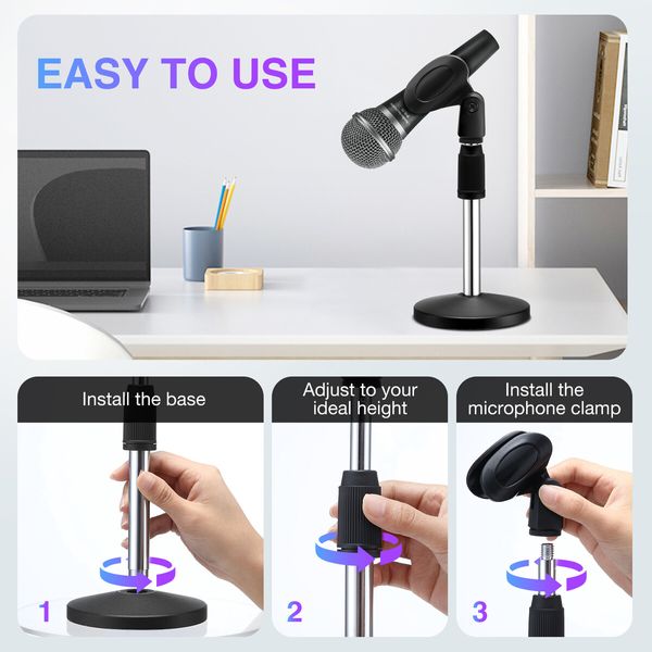 Desktop Mic Stand Table Top Microphone Holder Adjustable Short Disc Mount Detachable Heavy Duty Metal 26.9cm to 37cm with Non Slip Clip