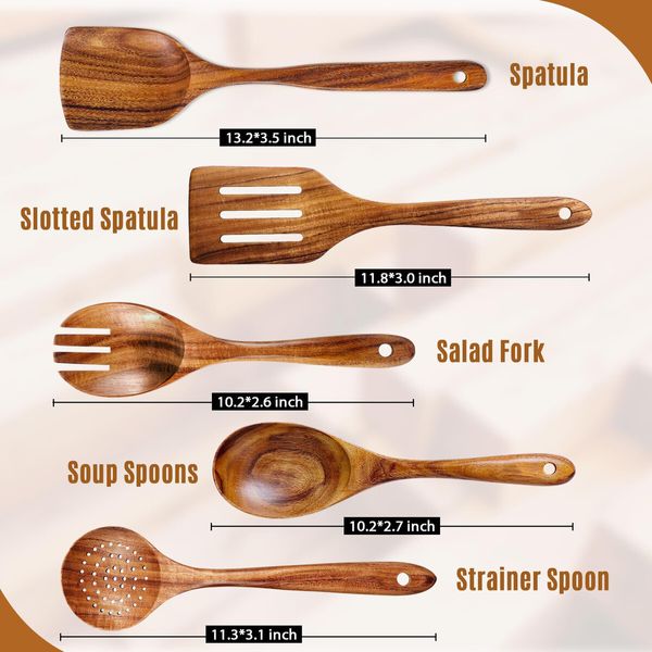 Wooden Spoons for Cooking,5 Pcs Wooden Utensils for Cooking Natural Teak Wooden Kitchen Utensils Set