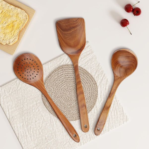 Wooden Spoons,Wooden Utensils for Cooking Natural Teak Wooden Kitchen Utensils Set Comfort Grip (3 PCS SET)