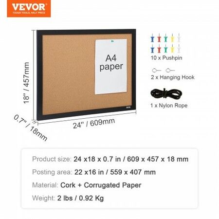 Cork Board Bulletin Board 24" x 18" with MDF Sticker Frame Wall Mounted