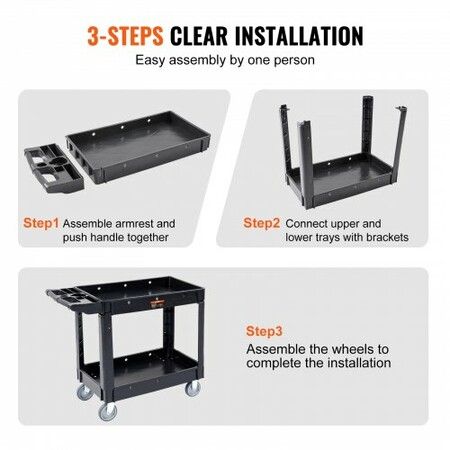 Utility Service Cart, 2 Shelf 550LBS Heavy Duty Plastic Rolling Utility Cart with 360° Swivel Wheels, Medium Lipped Shelf, Ergonomic Storage Handle for Warehouse/Garage/Cleaning/Office