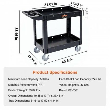 Utility Service Cart, 2 Shelf 550LBS Heavy Duty Plastic Rolling Utility Cart with 360° Swivel Wheels, Medium Lipped Shelf, Ergonomic Storage Handle for Warehouse/Garage/Cleaning/Office