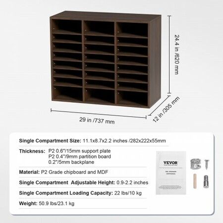 Wood Literature Organizer Adjustable File Sorter 24 Compartments Brown