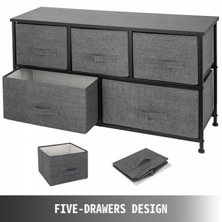 Dresser Storage Tower with 5 Fabric Drawer Steel Frame Storage Cabinet Bin Storage Organizer Unit Fabric Cube Dresser Chest Cabinet Light Gray (Gray/Wide)