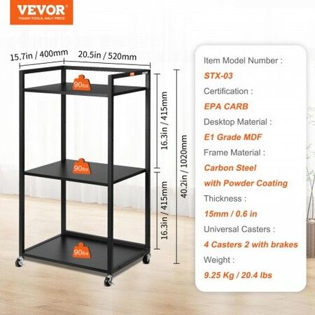 Printer Stand 3-Tier Rolling Printer Cart with Wheels and Storage Shelves