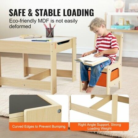 Kids Table and Chair Set Wooden Activity Table with Storage Space & Boxes