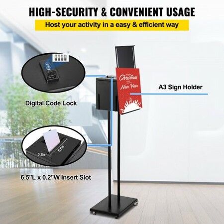 Ballot Box, Floor Standing Suggestion Box with Lock and Sign Holder, Side Pocket for Storing Ballots, Brochures, Donation Box for Home Office Church Election,21.844cm x23.876cm x20.32cm , Black