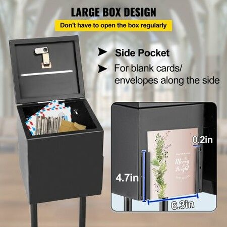 Ballot Box, Floor Standing Suggestion Box with Lock and Sign Holder, Side Pocket for Storing Ballots, Brochures, Donation Box for Home Office Church Election,21.844cm x23.876cm x20.32cm , Black