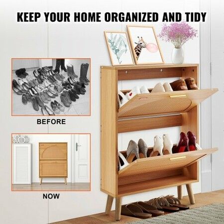 Shoe Cabinet with 2 Flip Drawers, Shoe Storage Cabinet for Entryway, Free Standing Shoe Storage Organizer with Rattan Doors for Heels, Boots, Slippers in Hallway, Living Room