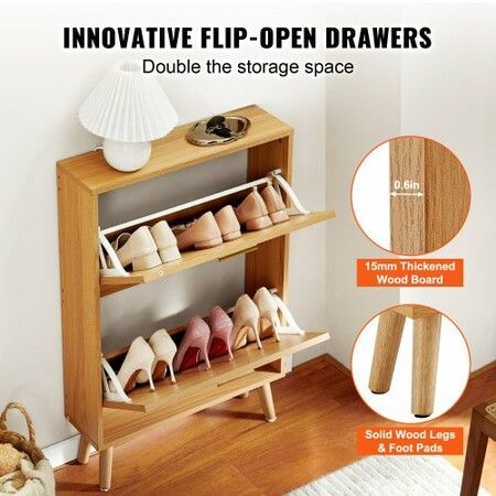 Shoe Cabinet with 2 Flip Drawers, Shoe Storage Cabinet for Entryway, Free Standing Shoe Storage Organizer with Rattan Doors for Heels, Boots, Slippers in Hallway, Living Room