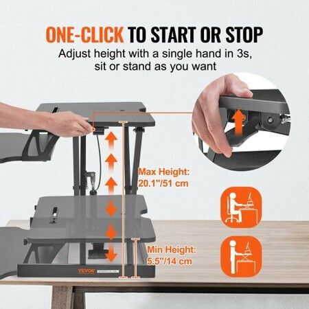 Standing Desk Converter, Two-Tier Stand up Desk Riser, 800 mm Large Sit to Stand Desk Converter,140-510 mm Adjustable Height, for Monitor, Keyboard & Accessories Used in Home Office