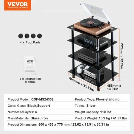 4-Tier AV Media Stand Strengthened Tempered Glass Audio-Video Media Stand