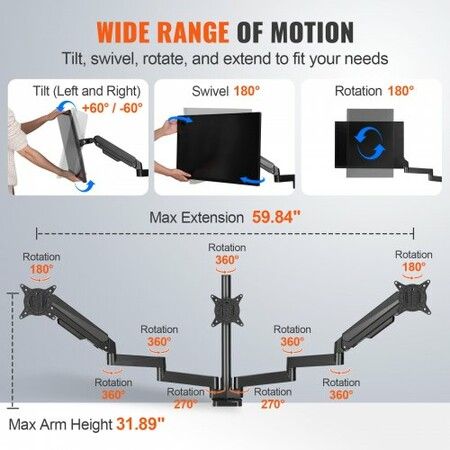 Triple Monitor Mount, Support 13"-27"锛?30-686 mm锛塖creens, Fully Adjustable Gas Spring Monitor Arm, Hold up to 9.1 kg per Arm, Computer Stand Holder with C-Clamp/Grommet Mounting Base, VESA Mount Bracket